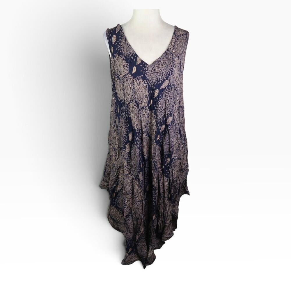 Vintage Navy Blue and Tan Paisley Bandana Print Asymmetrical Dress